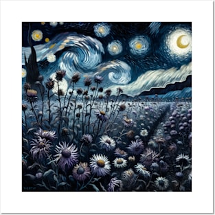 Enchanted Flower Garden Night: Aster Starry Floral Posters and Art